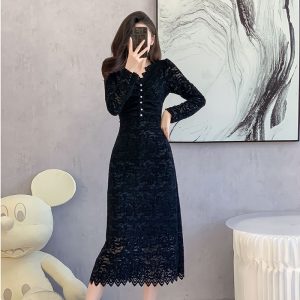 French Style V-Neck Lace Long Sleeve A-Line Midi Dress