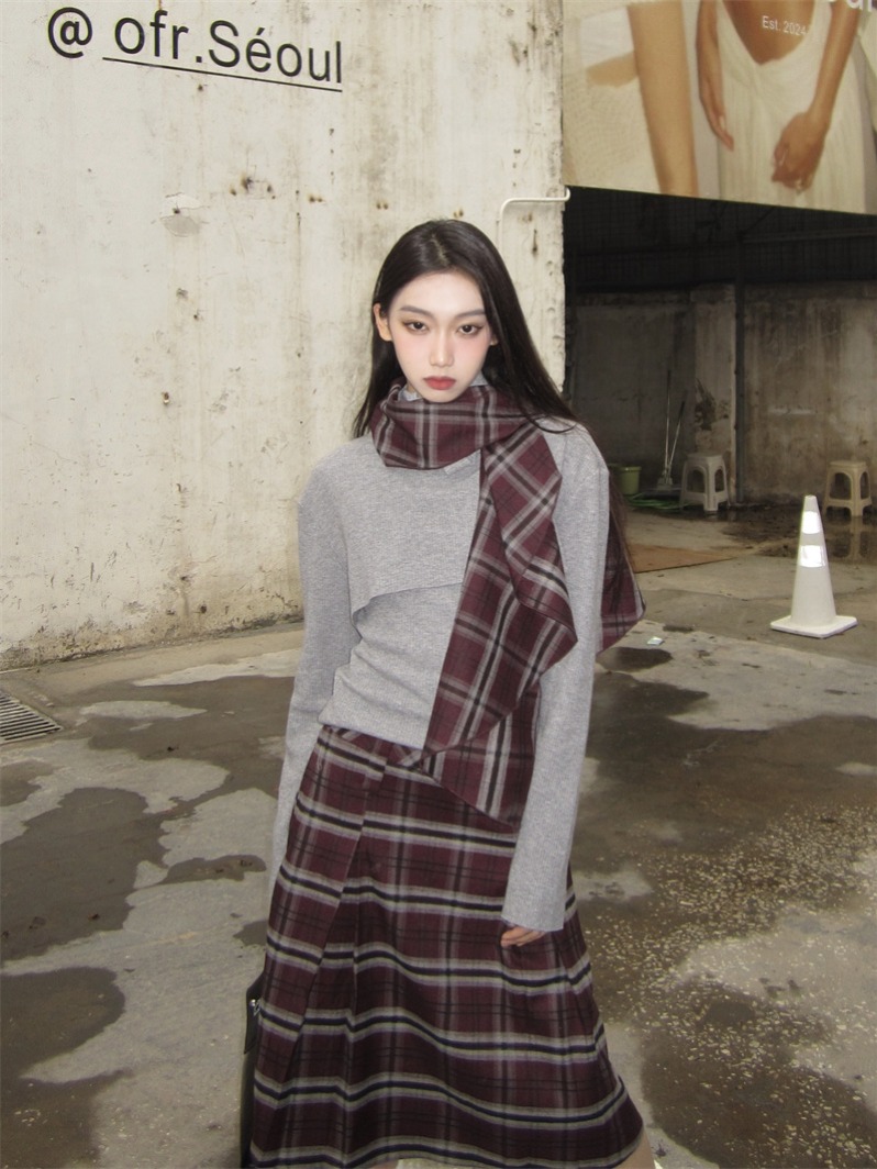 Gray Cowl Neck Knit Long Sleeve Top and Cinched Knit Vest Two-Piece Set with Vintage Red Plaid Skirt - Image 2