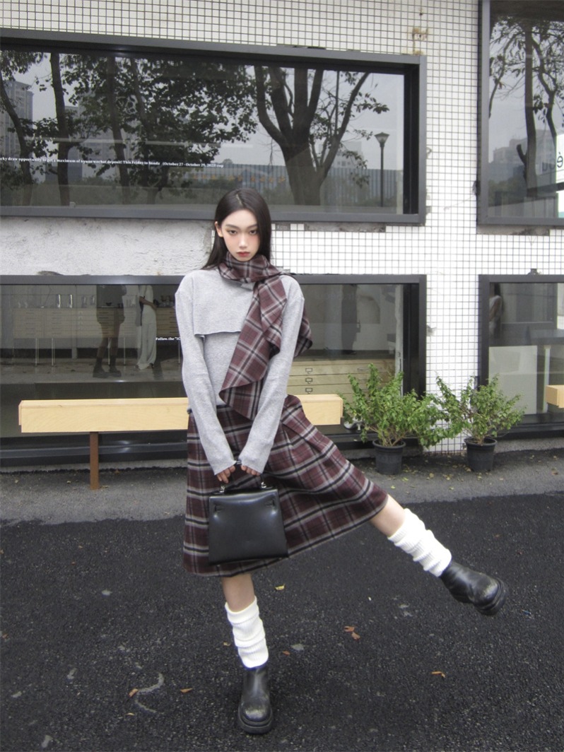 Gray Cowl Neck Knit Long Sleeve Top and Cinched Knit Vest Two-Piece Set with Vintage Red Plaid Skirt - Image 3