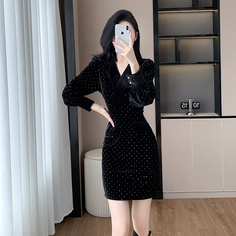 Women's Velvet Sequin Blazer Dress Long Sleeve A-Line Slimming Short Dress
