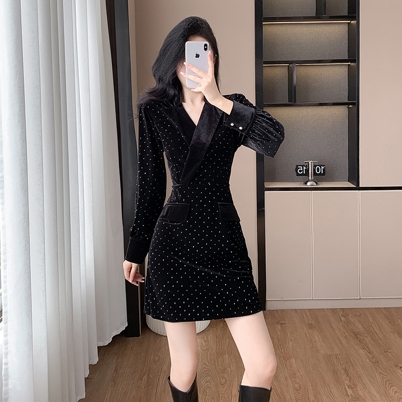 Women's Velvet Sequin Blazer Dress Long Sleeve A-Line Slimming Short Dress - Image 2