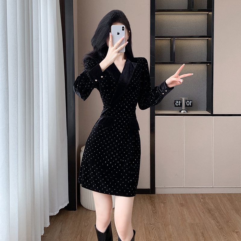 Women's Velvet Sequin Blazer Dress Long Sleeve A-Line Slimming Short Dress - Image 3