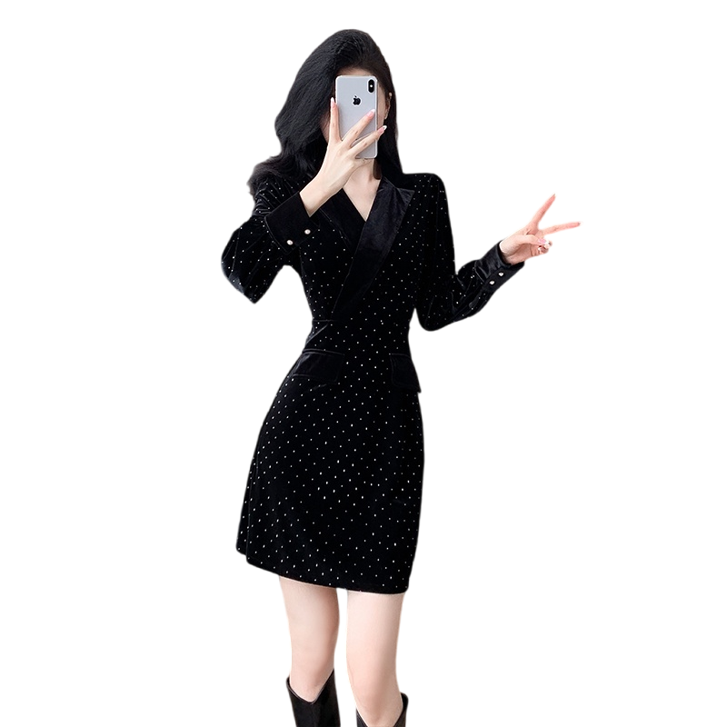 Women's Velvet Sequin Blazer Dress Long Sleeve A-Line Slimming Short Dress - Image 5