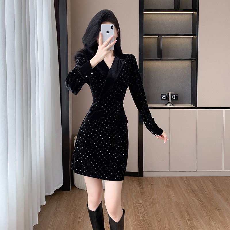 Women's Velvet Sequin Blazer Dress Long Sleeve A-Line Slimming Short Dress - Image 4