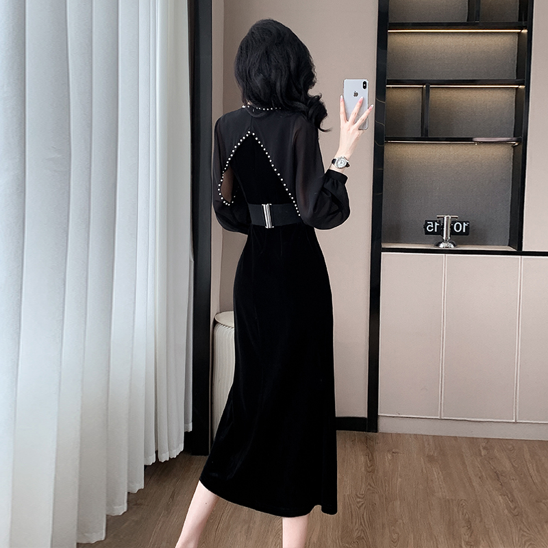 Black Long Sleeve A-Line Velvet Evening Dress with Ruffle Collar - Image 4