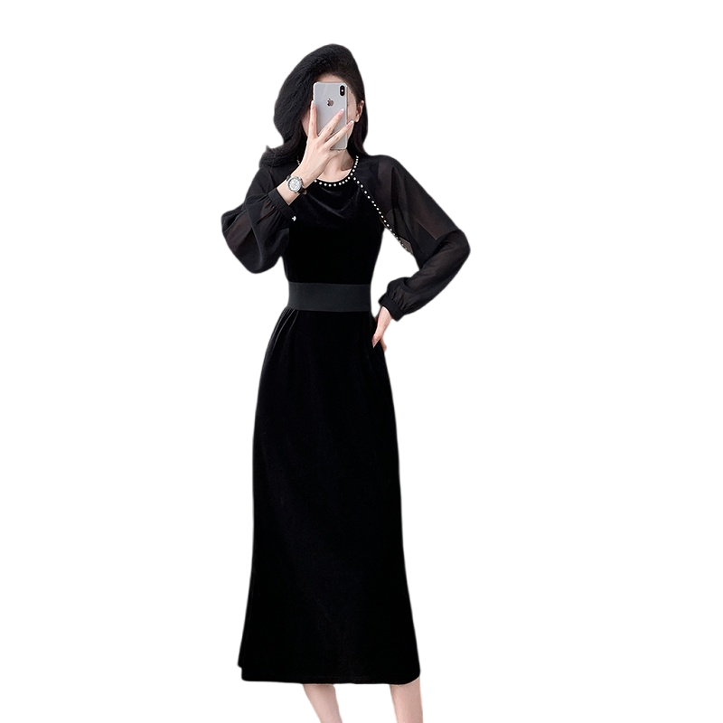 Black Long Sleeve A-Line Velvet Evening Dress with Ruffle Collar - Image 5