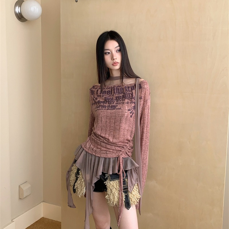 Women's Letter Print Knit Top with Ruffle Trim and Draped Neck - Image 5