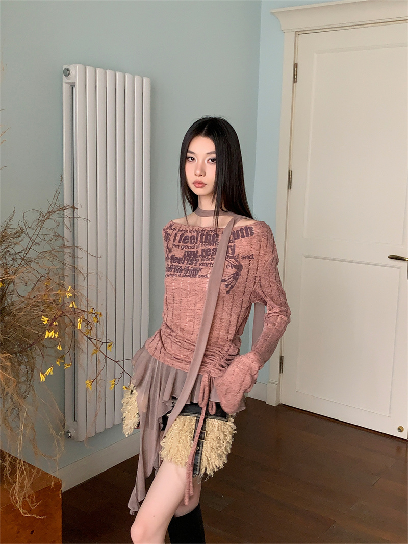 Women's Letter Print Knit Top with Ruffle Trim and Draped Neck - Image 4