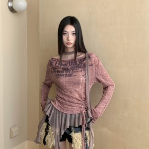 Women's Letter Print Knit Top with Ruffle Trim and Draped Neck