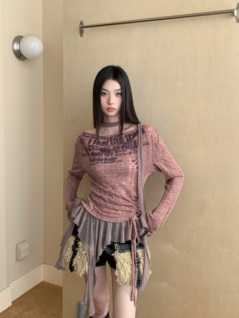 Women's Letter Print Knit Top with Ruffle Trim and Draped Neck
