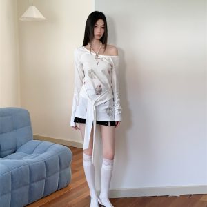 Women's White One-Shoulder Long Sleeve T-Shirt Sweet American Retro Cropped Top