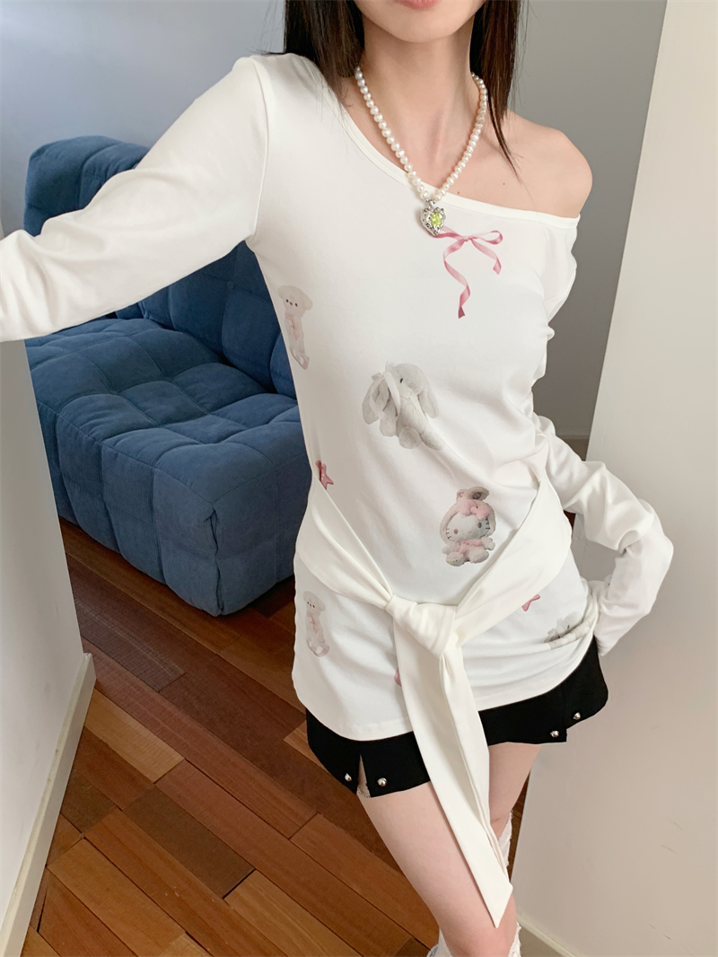 Women's White One-Shoulder Long Sleeve T-Shirt Sweet American Retro Cropped Top - Image 2