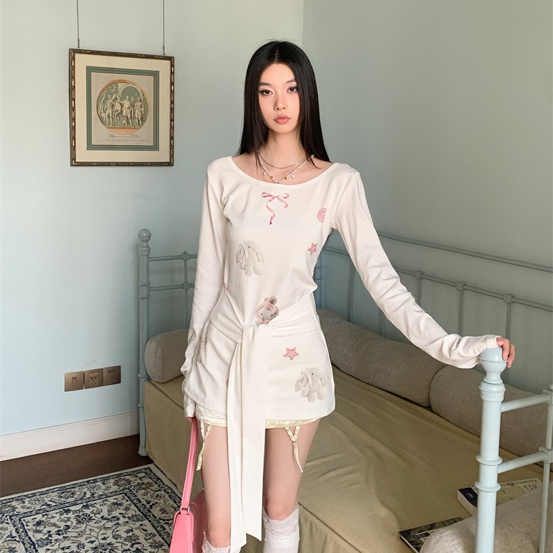 Women's White One-Shoulder Long Sleeve T-Shirt Sweet American Retro Cropped Top - Image 5