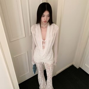 Early Autumn Cross Draped Neck Lace Spliced Top