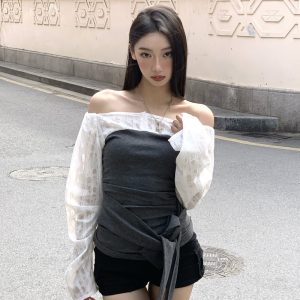 2025 New Spring Autumn Elegant Faux Two-Piece Off-Shoulder Slim Women's Top T-Shirt