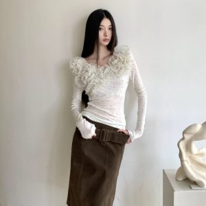 Women's Polka Dot Ruffle Trim Long Sleeve Slim Fit Crew Neck T-Shirt
