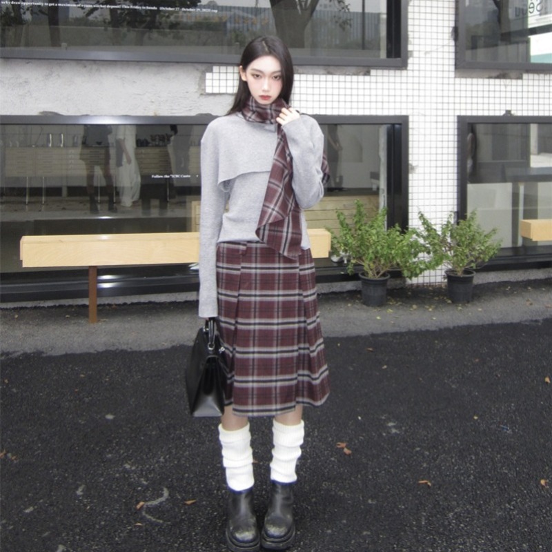 Gray Cowl Neck Knit Long Sleeve Top and Cinched Knit Vest Two-Piece Set with Vintage Red Plaid Skirt - Image 5