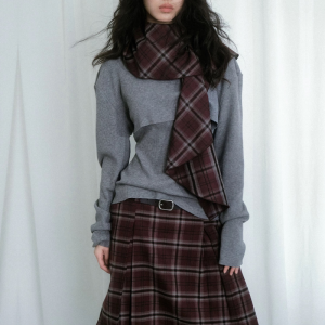 Gray Cowl Neck Knit Long Sleeve Top and Cinched Knit Vest Two-Piece Set with Vintage Red Plaid Skirt