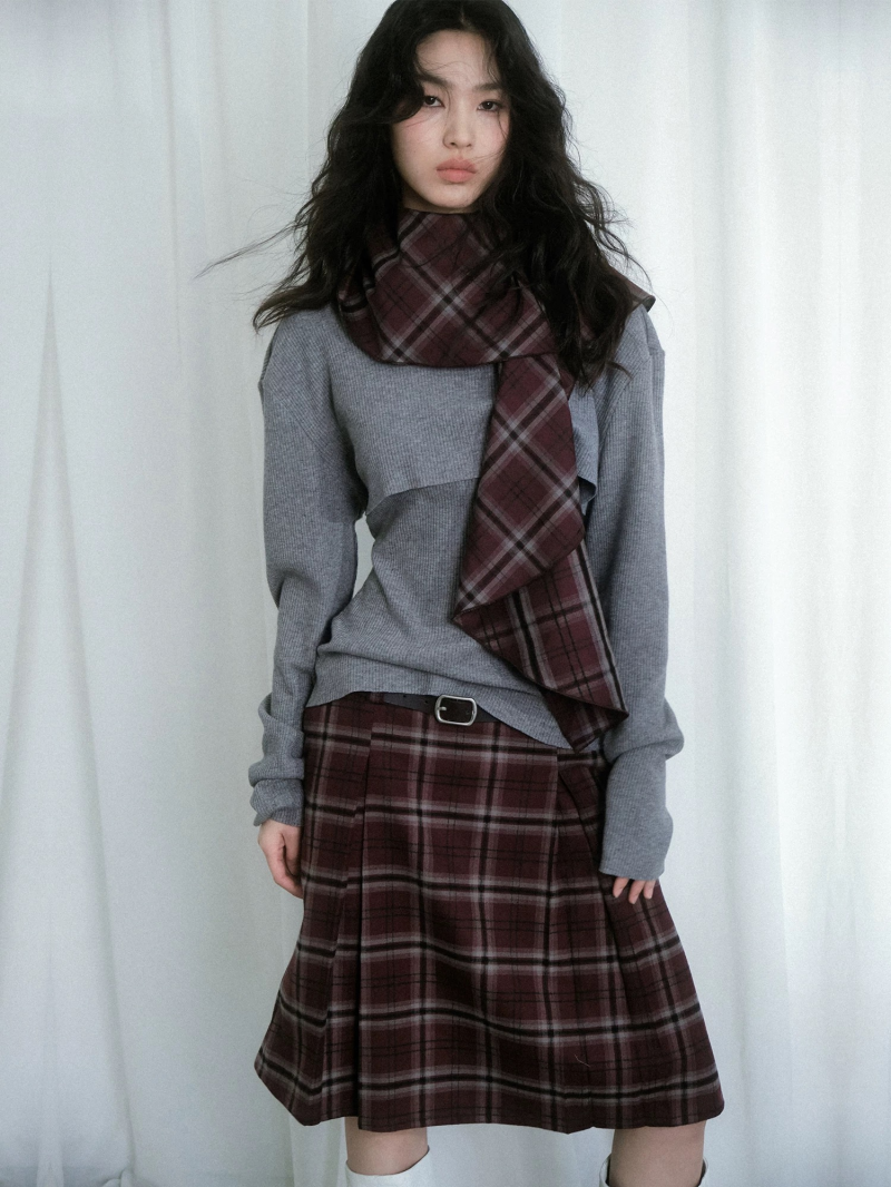 Gray Cowl Neck Knit Long Sleeve Top and Cinched Knit Vest Two-Piece Set with Vintage Red Plaid Skirt