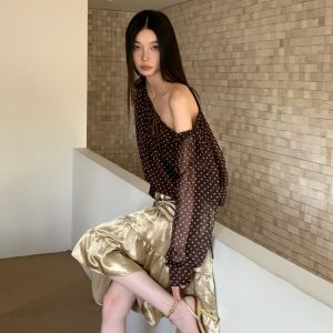 Brown Polka Dot Long Sleeve Tie-Front Top with Gold Pleated Drawstring A-Line Skirt Set