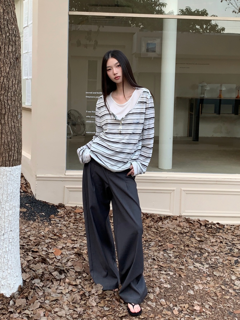 Women's Black Striped Long Sleeve Crew Neck T-Shirt Slimming Casual Base Layer Fall - Image 4