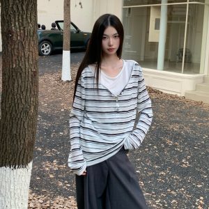 Women's Black Striped Long Sleeve Crew Neck T-Shirt Slimming Casual Base Layer Fall