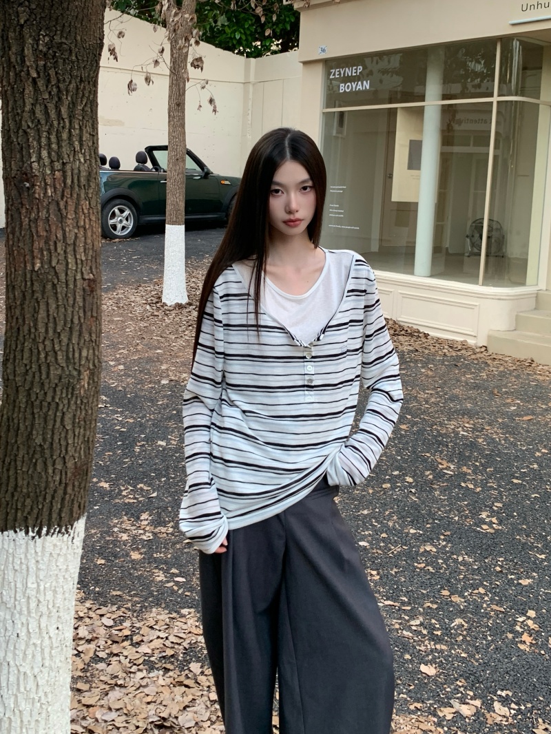 Women's Black Striped Long Sleeve Crew Neck T-Shirt Slimming Casual Base Layer Fall