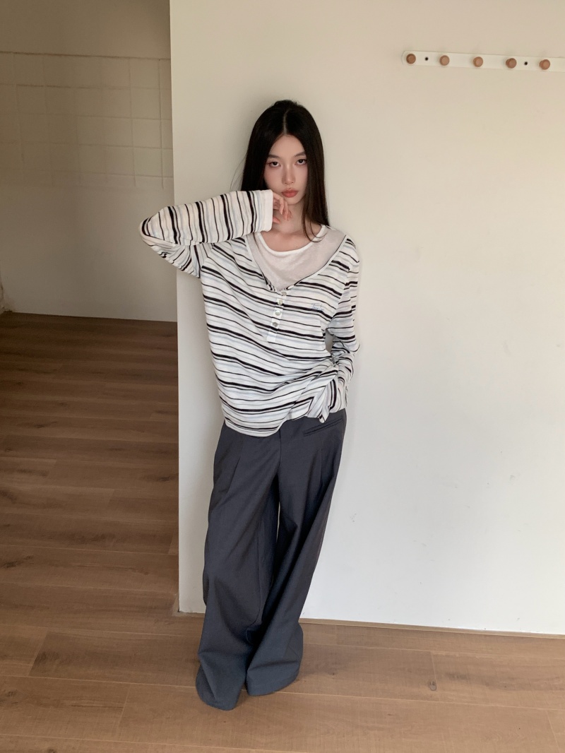 Women's Black Striped Long Sleeve Crew Neck T-Shirt Slimming Casual Base Layer Fall - Image 2