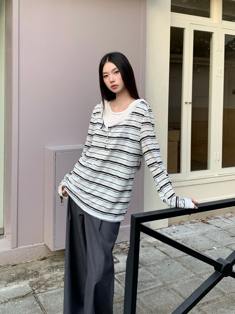 Women's Black Striped Long Sleeve Crew Neck T-Shirt Slimming Casual Base Layer Fall - Image 3