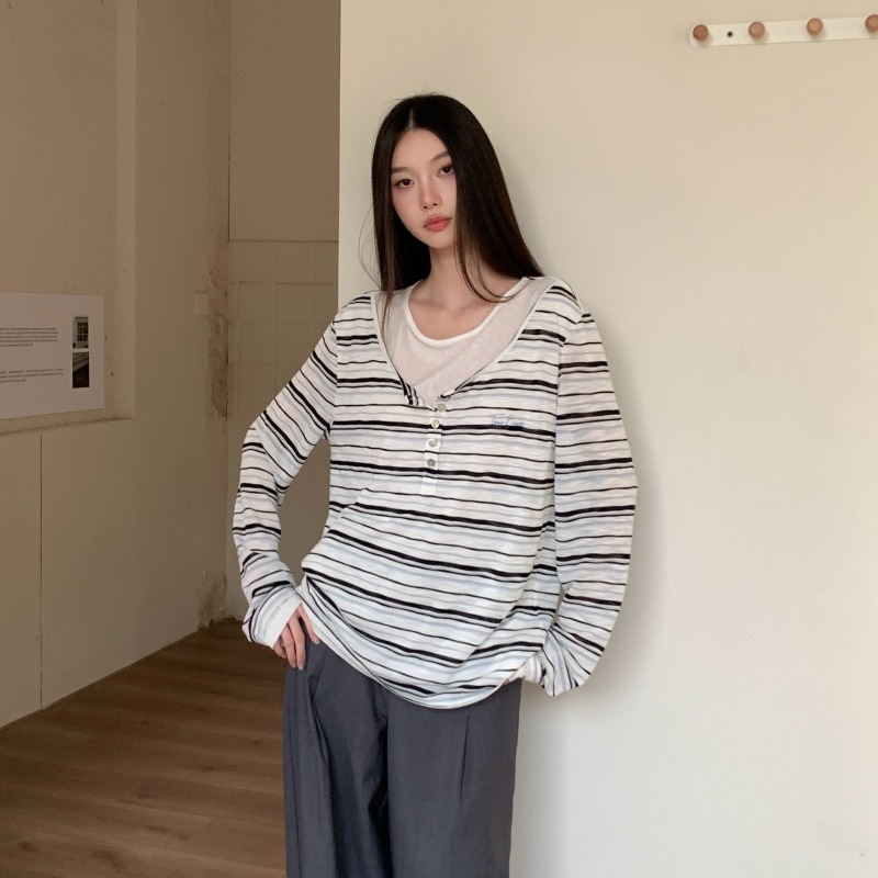 Women's Black Striped Long Sleeve Crew Neck T-Shirt Slimming Casual Base Layer Fall - Image 5