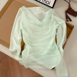 Sexy Sheer Mesh Panel Slimming Knit Top Women Spring New Slimming Versatile Elegant Fake Two-Piece Pullover