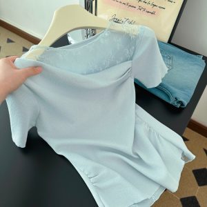Women's Summer Lace Patchwork Knit Top Short Sleeve Fake Two Piece