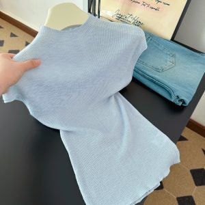 Women's Open Back Knit Top Summer Short Sleeve Solid Color Slimming Soft Pullover