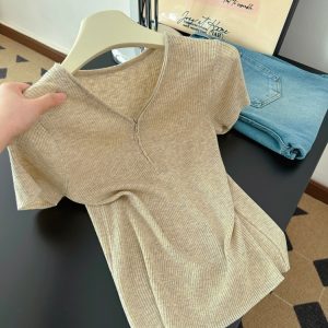Korean Style Half Zip Knit Top for Women Summer Short Sleeve Slimming Soft Solid Color