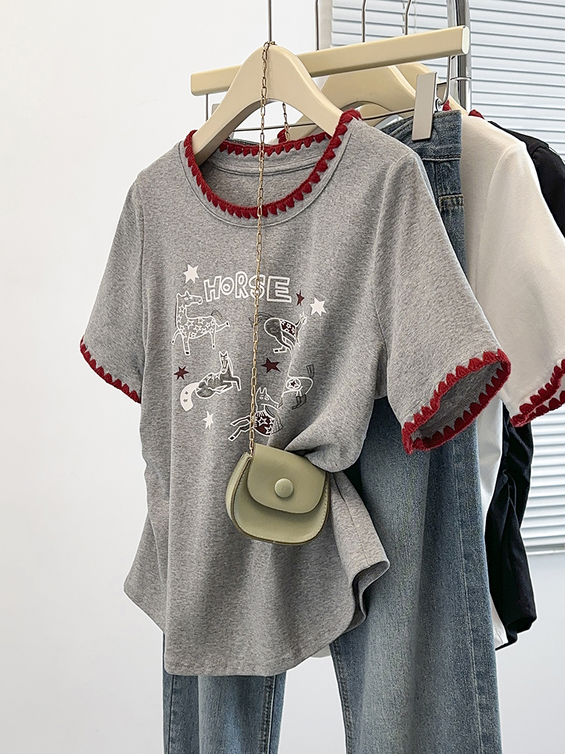 Plus Size Embroidered Cartoon Print Short Sleeve T-Shirt Summer 2026