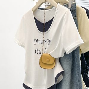 Plus Size Women's Casual Two-Piece Look Printed Letter Curved Short Sleeve T-Shirt Summer 2026