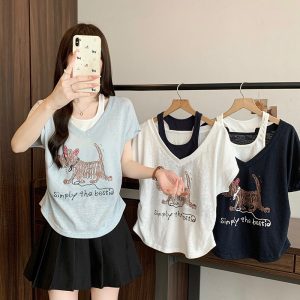 Plus Size Women's Summer 2026 Faux Two-Piece Dog Print T-Shirt with Flutter Sleeves - Style f351ab