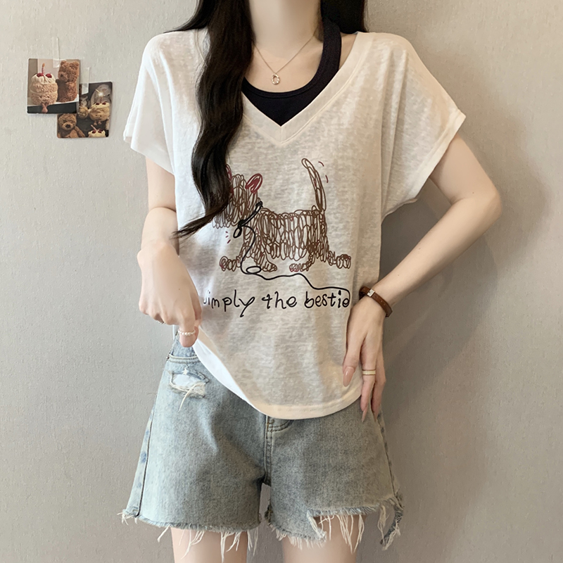 Plus Size Women's Summer 2026 Faux Two-Piece Dog Print T-Shirt with Flutter Sleeves - Style f351d4 - Image 3