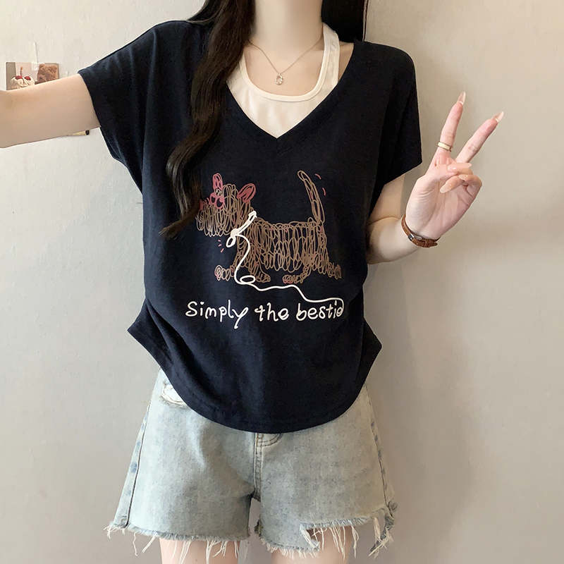 Plus Size Women's Summer 2026 Faux Two-Piece Dog Print T-Shirt with Flutter Sleeves - Style f351d4 - Image 4
