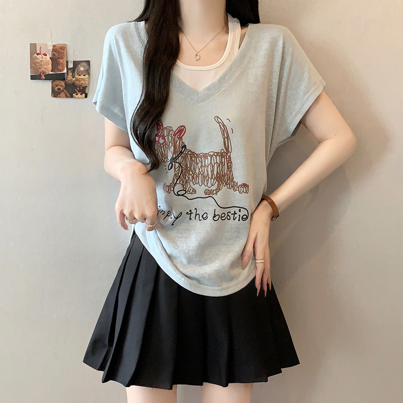 Plus Size Women's Summer 2026 Faux Two-Piece Dog Print T-Shirt with Flutter Sleeves - Style f351d4 - Image 2