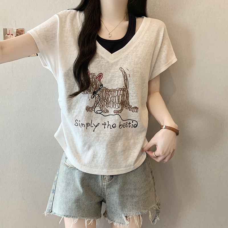 Plus Size Women's Summer 2026 Faux Two-Piece Dog Print T-Shirt with Flutter Sleeves - Style f351ab - Image 5
