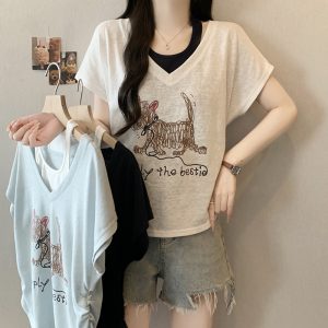 Plus Size Women's Summer 2026 Faux Two-Piece Dog Print T-Shirt with Flutter Sleeves - Style f351d4