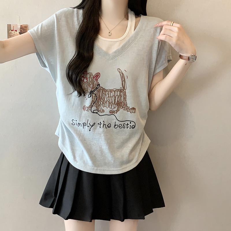 Plus Size Women's Summer 2026 Faux Two-Piece Dog Print T-Shirt with Flutter Sleeves - Style f351d4 - Image 5