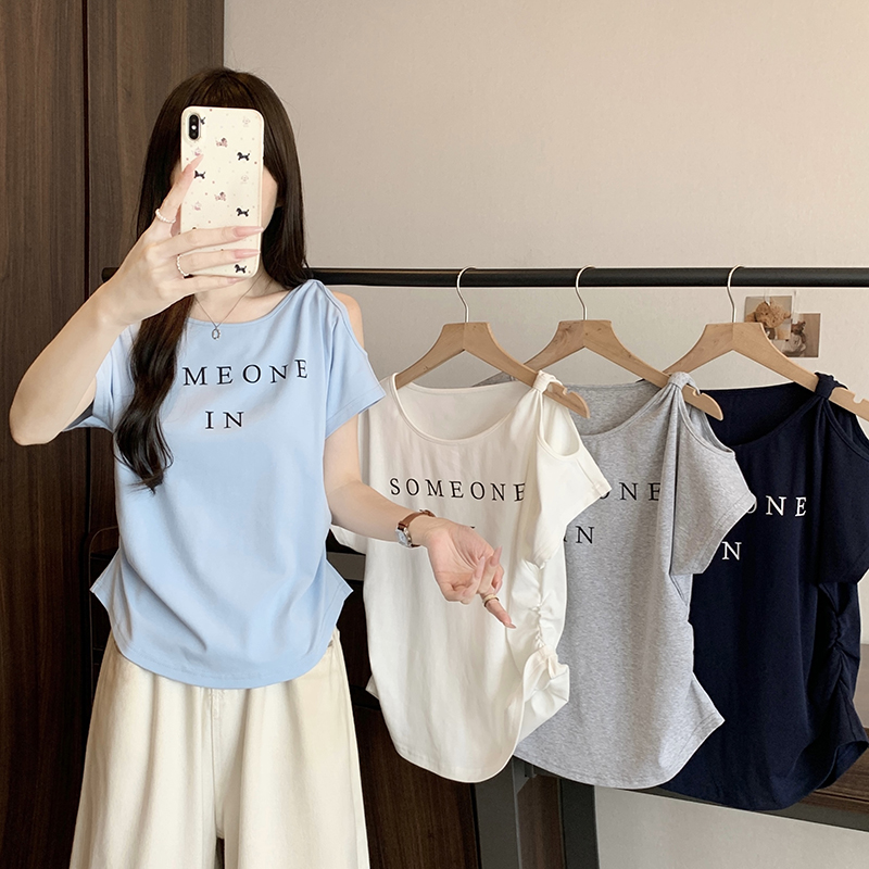 Plus Size Letter Print Flutter Sleeve Curved Hem T-Shirt Summer 2026 - Style f35257