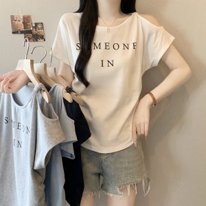 Plus Size Letter Print Flutter Sleeve Curved Hem T-Shirt Summer 2026 - Style b79cf1