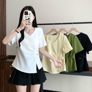 Plus Size Women V-Neck Irregular Short Sleeve Top Summer 2026