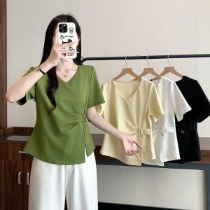 Plus Size V-Neck Irregular Short Sleeve Top Summer 2026