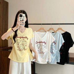 Plus Size Sweet V-Neck Cartoon Print Tie Short Sleeve T-Shirt Summer 2026 - Style f3e820