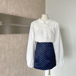 French Style Two-Piece Women's Shirt and Polka Dot Skirt Set
