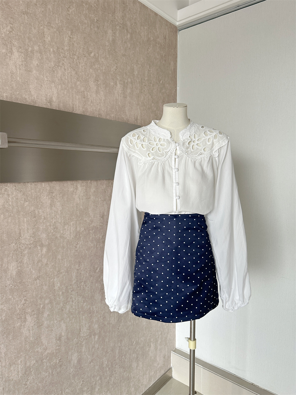 French Style Two-Piece Women's Shirt and Polka Dot Skirt Set